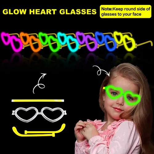 12 Pack Glow Glasses Party Favor Supplies with 40 Glow Sticks & Connectors(for 12 Glow Heart Glasses & 16 Bracelets),Halloween Neon Light Up Toy Gift Accessories for Birthday Camping Dance (kid&Adult)