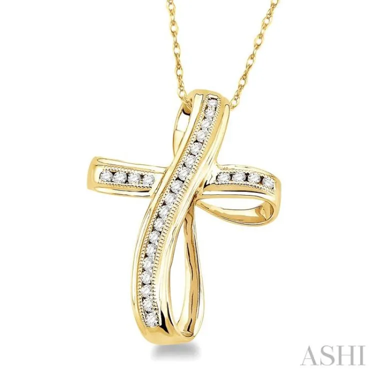 1/4 Ctw Channel Set Round Cut Diamond Cross Pendant in 10K Yellow Gold with Chain