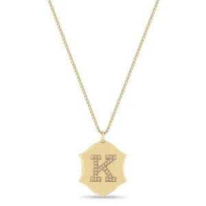 14k Pavé Diamond Initial Ornate Shield Pendant Necklace