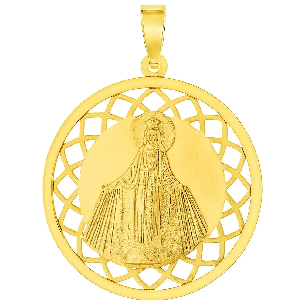 14k Yellow Gold Round Open Ornate Miraculous Medal of Virgin Mary Pendant (1")