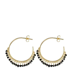 18K Gold Medium Fine Black Diamond Beaded Hoop Earrings