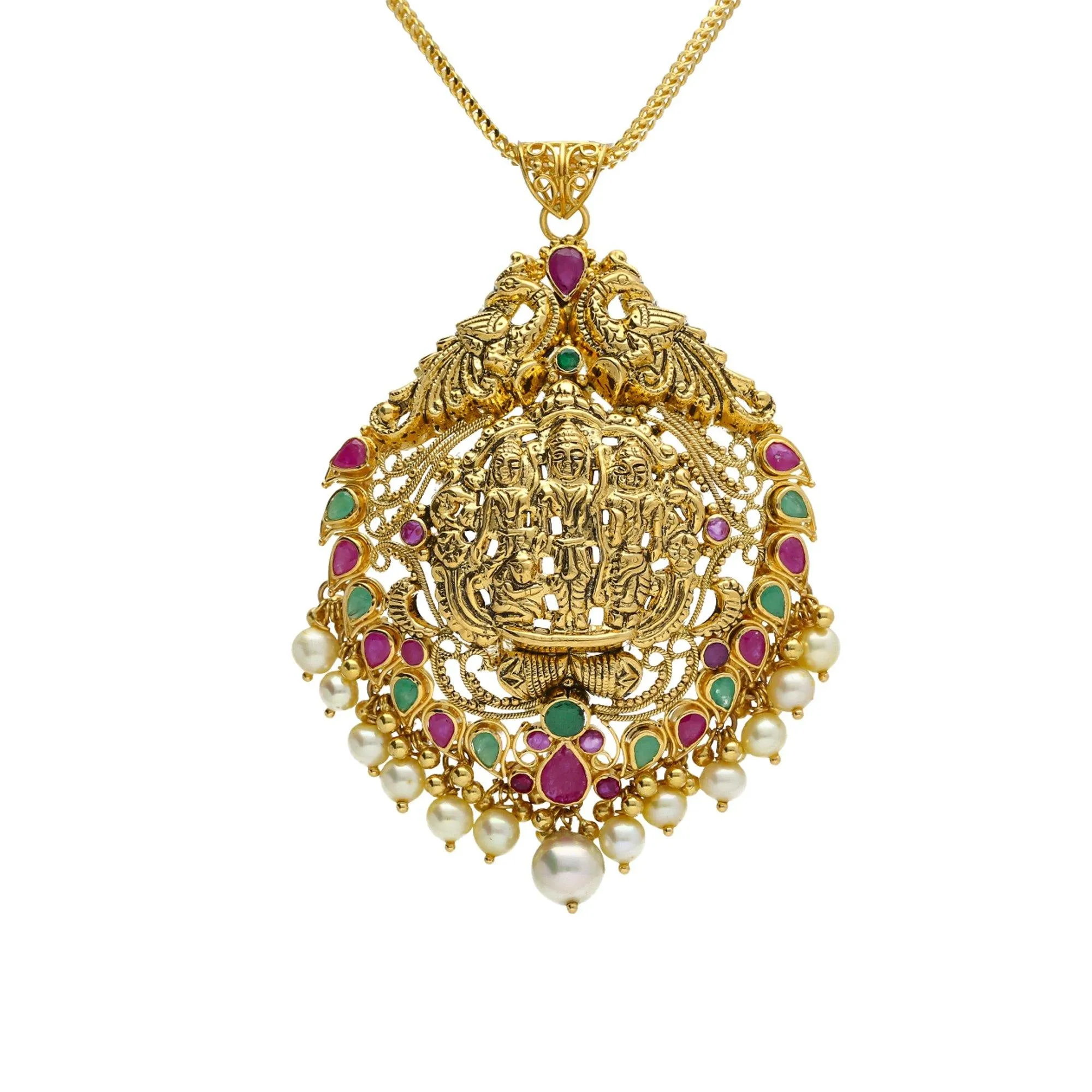 22K Yellow Antique Gold Ram Parivar Pendant W/ Pearls, Emeralds, Rubies & Peacock Accents