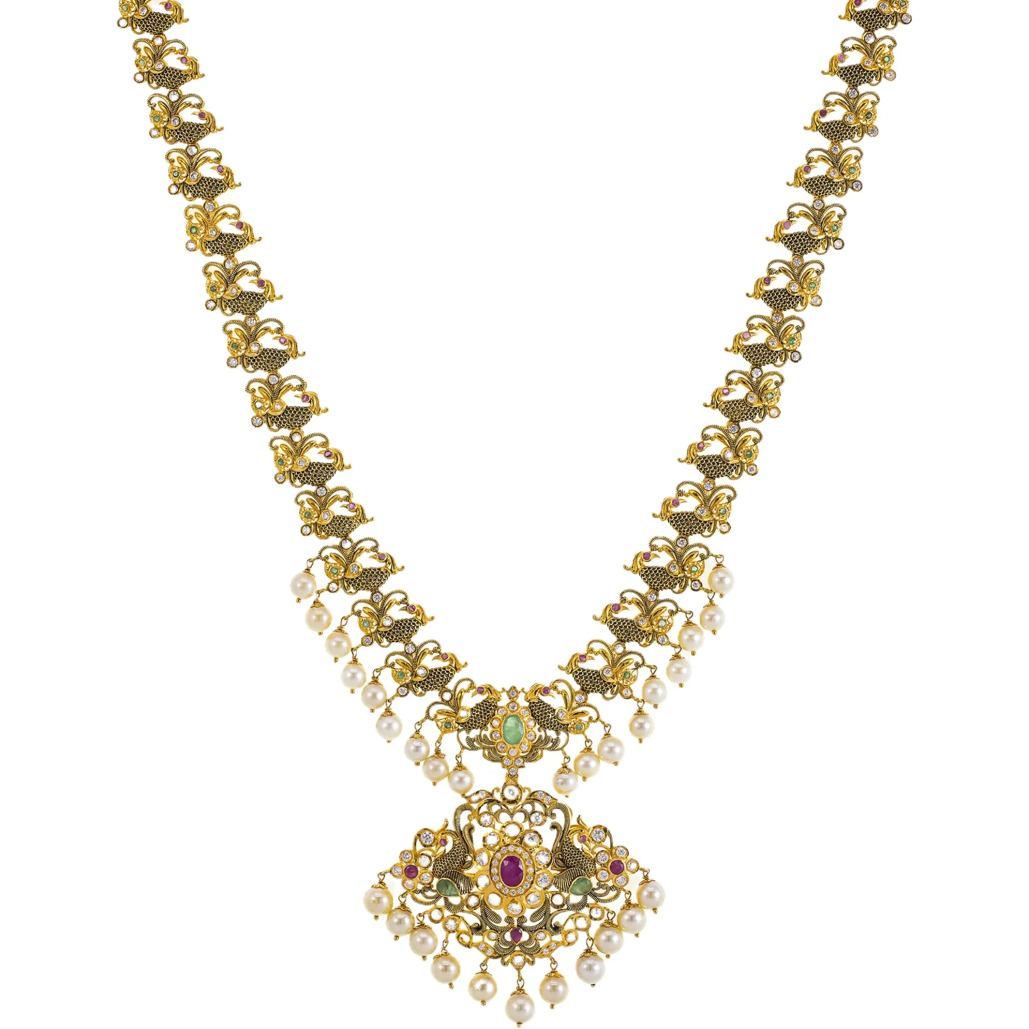 22K Yellow Gold Temple Necklace w/ Emerald, Ruby, Pearl & CZ (80.5gm)