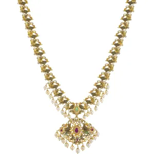 22K Yellow Gold Temple Necklace w/ Emerald, Ruby, Pearl & CZ (80.5gm)