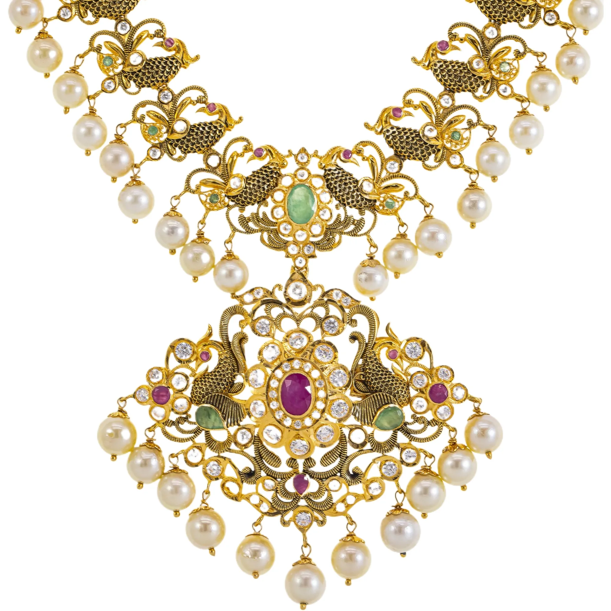 22K Yellow Gold Temple Necklace w/ Emerald, Ruby, Pearl & CZ (80.5gm)