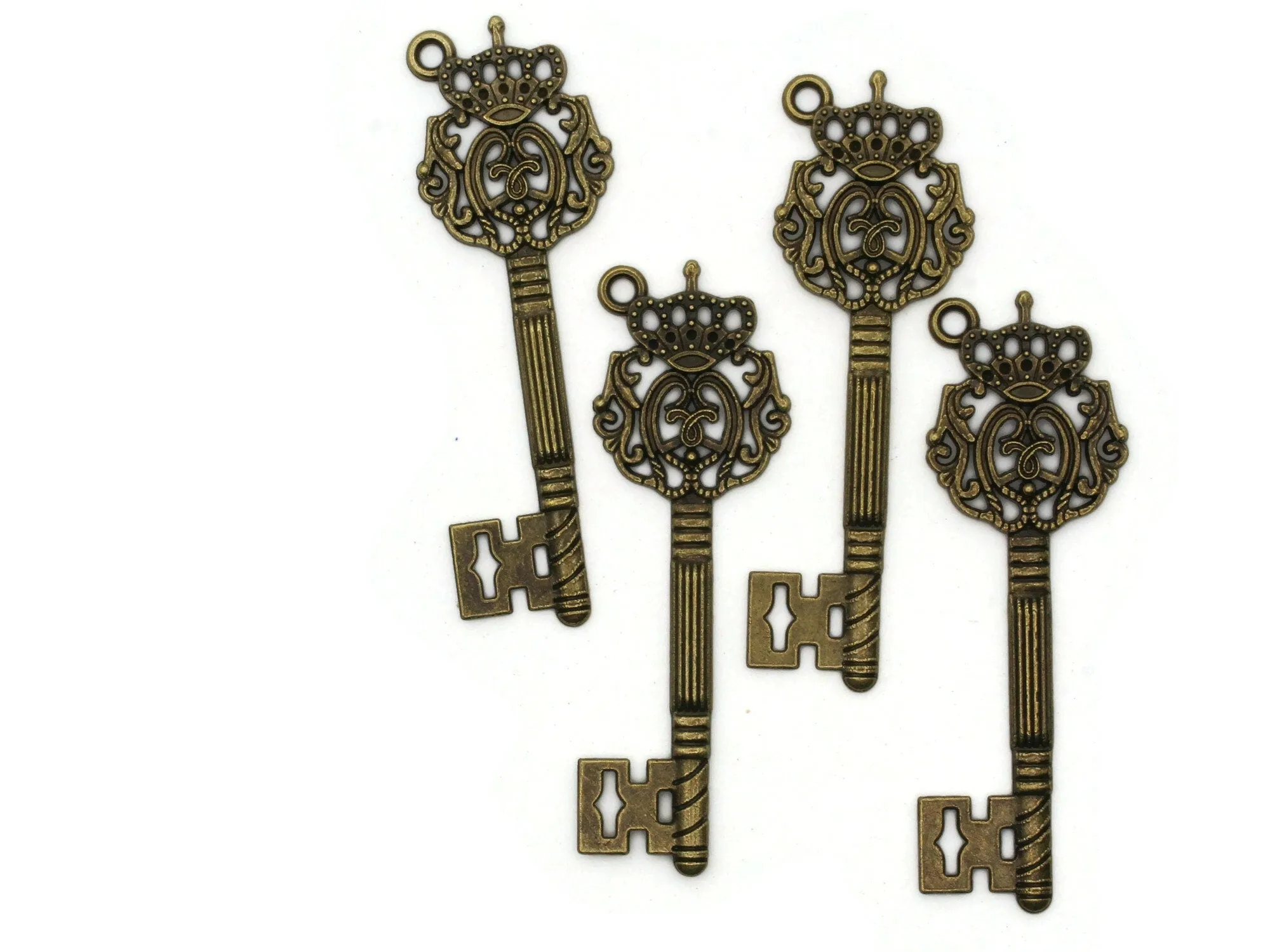 4 70mm Antique Bronze Angled Ring Crown Metal Skeleton Key Charms