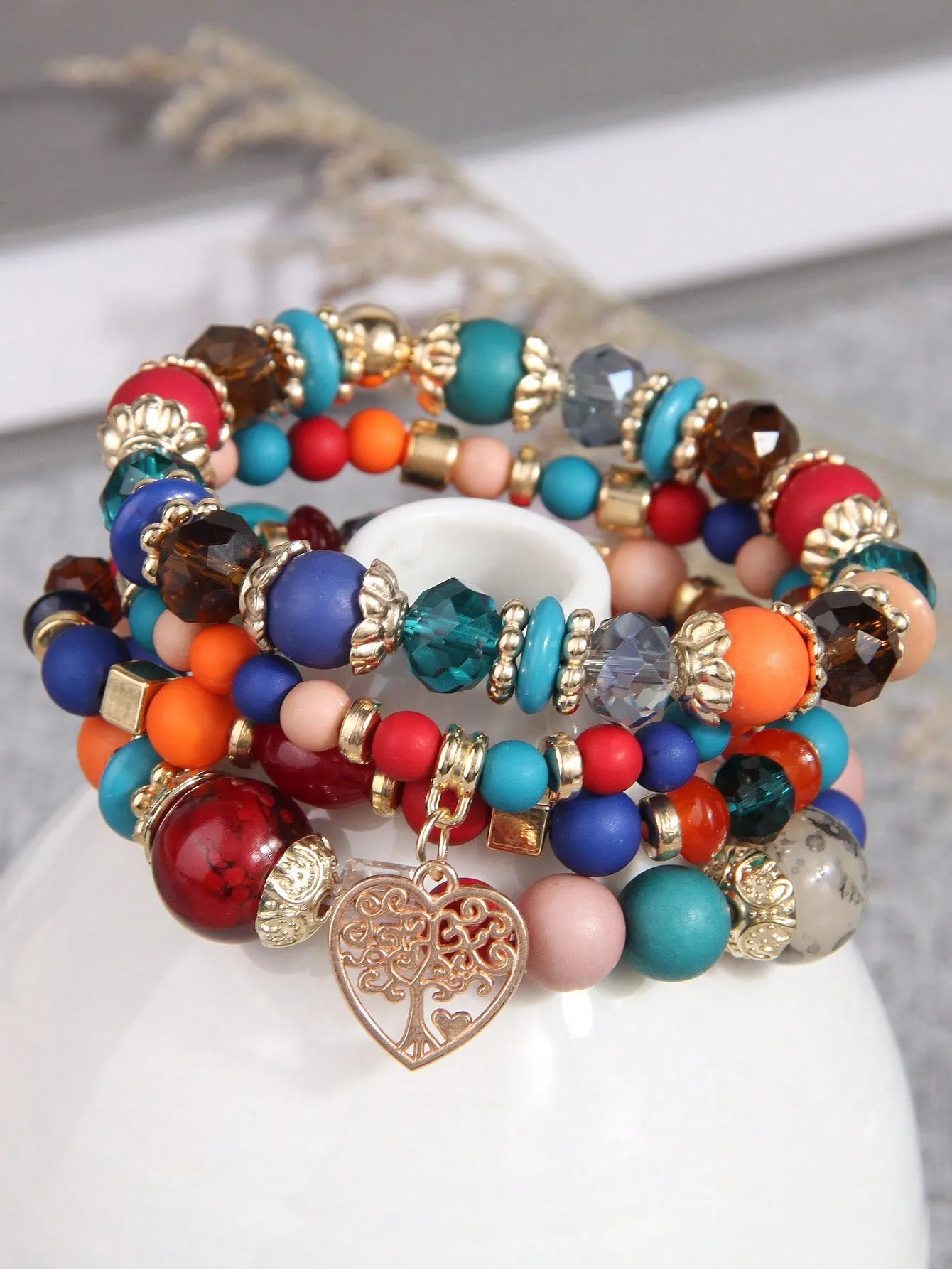 4pcs/set Boho Tree Heart Charm Colorful Beaded Bracelet Women Bracelet Stackable