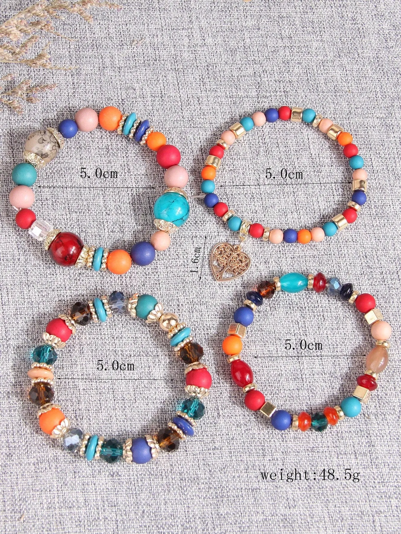 4pcs/set Boho Tree Heart Charm Colorful Beaded Bracelet Women Bracelet Stackable