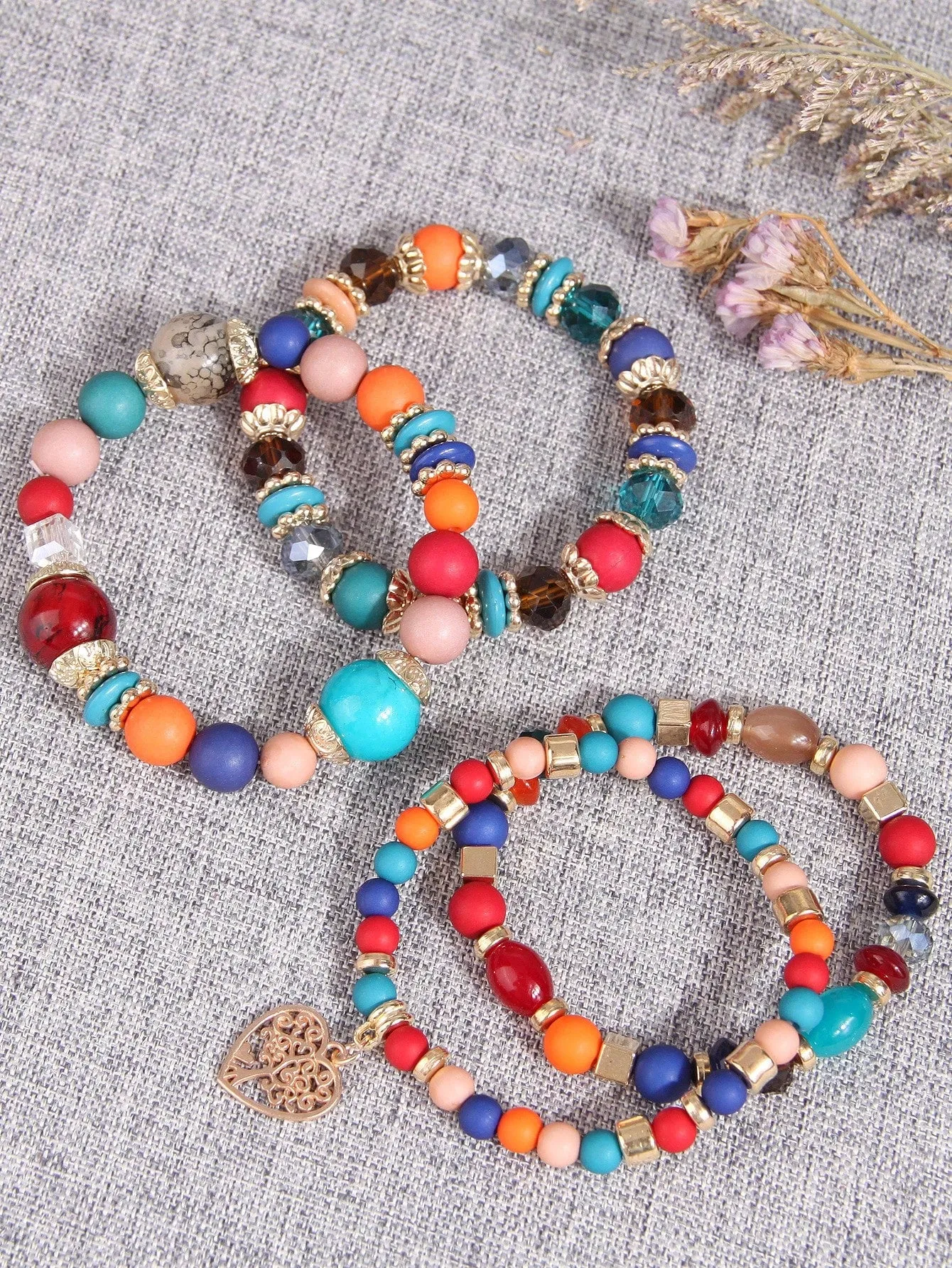 4pcs/set Boho Tree Heart Charm Colorful Beaded Bracelet Women Bracelet Stackable