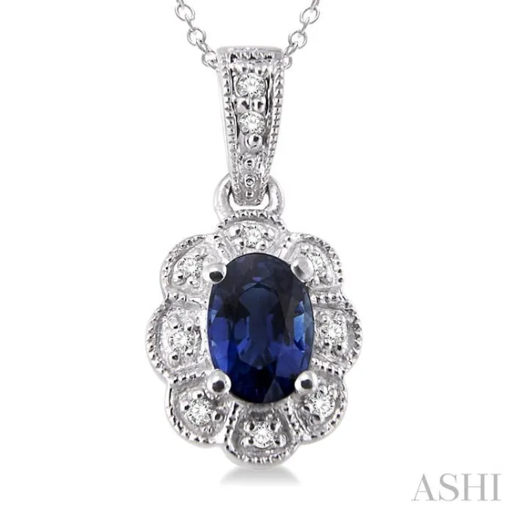 6x4 mm Oval Cut Sapphire and 1/20 ctw Single Cut Diamond Pendant in Sterling Silver with Chain