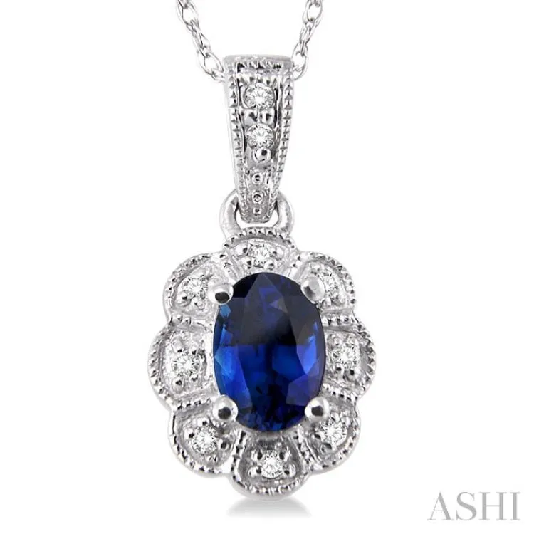 6x4mm Oval Cut Sapphire and 1/20 Ctw Single Cut Diamond Pendant in 10K White Gold with Chain