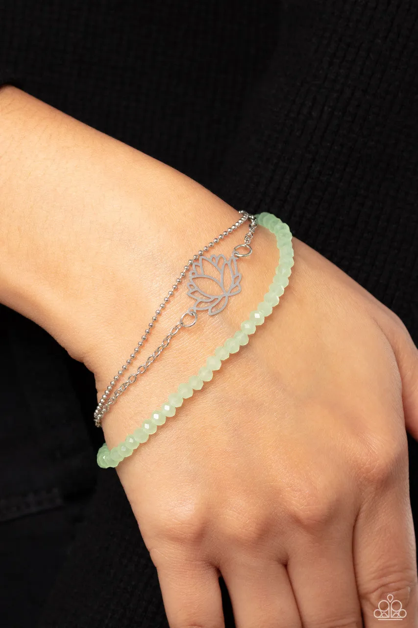 A LOTUS Like This - Green - Faceted Bead Silver Flower and Chain Paparazzi Lobster Claw Bracelet