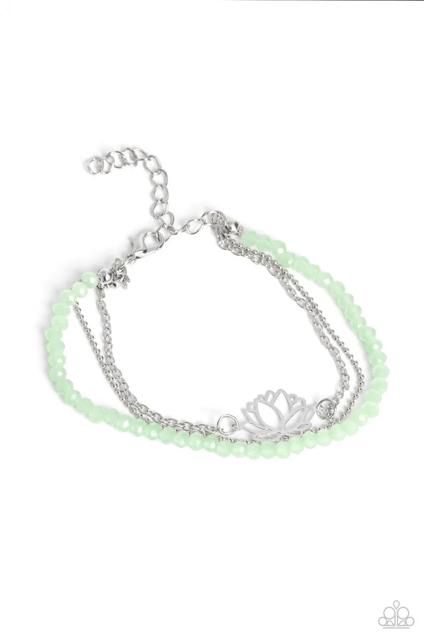 A LOTUS Like This - Green - Faceted Bead Silver Flower and Chain Paparazzi Lobster Claw Bracelet