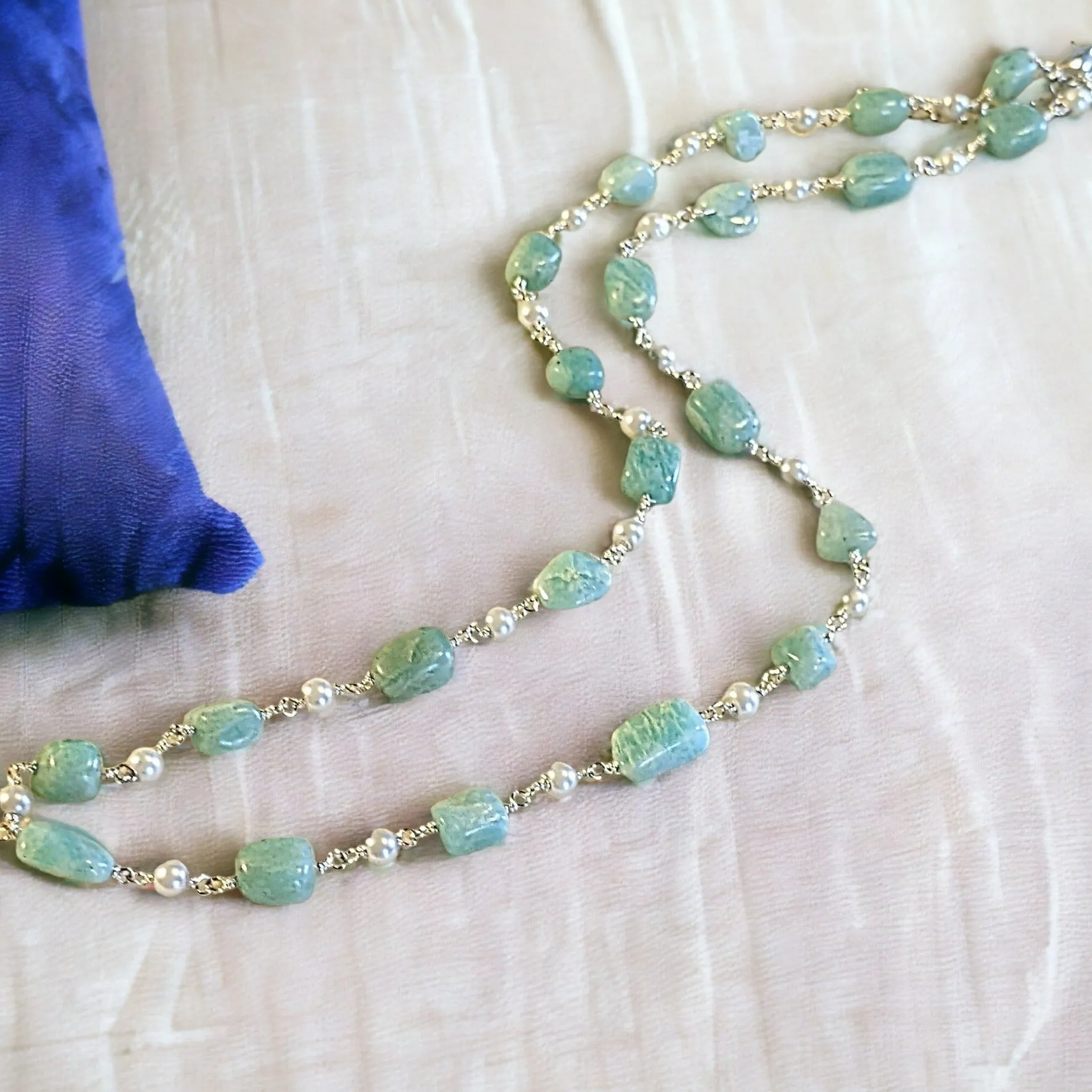 Amazonite Oval Bead and Pearl Necklace, 20 inch