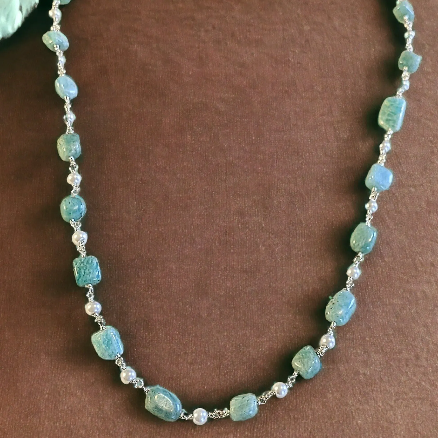 Amazonite Oval Bead and Pearl Necklace, 20 inch