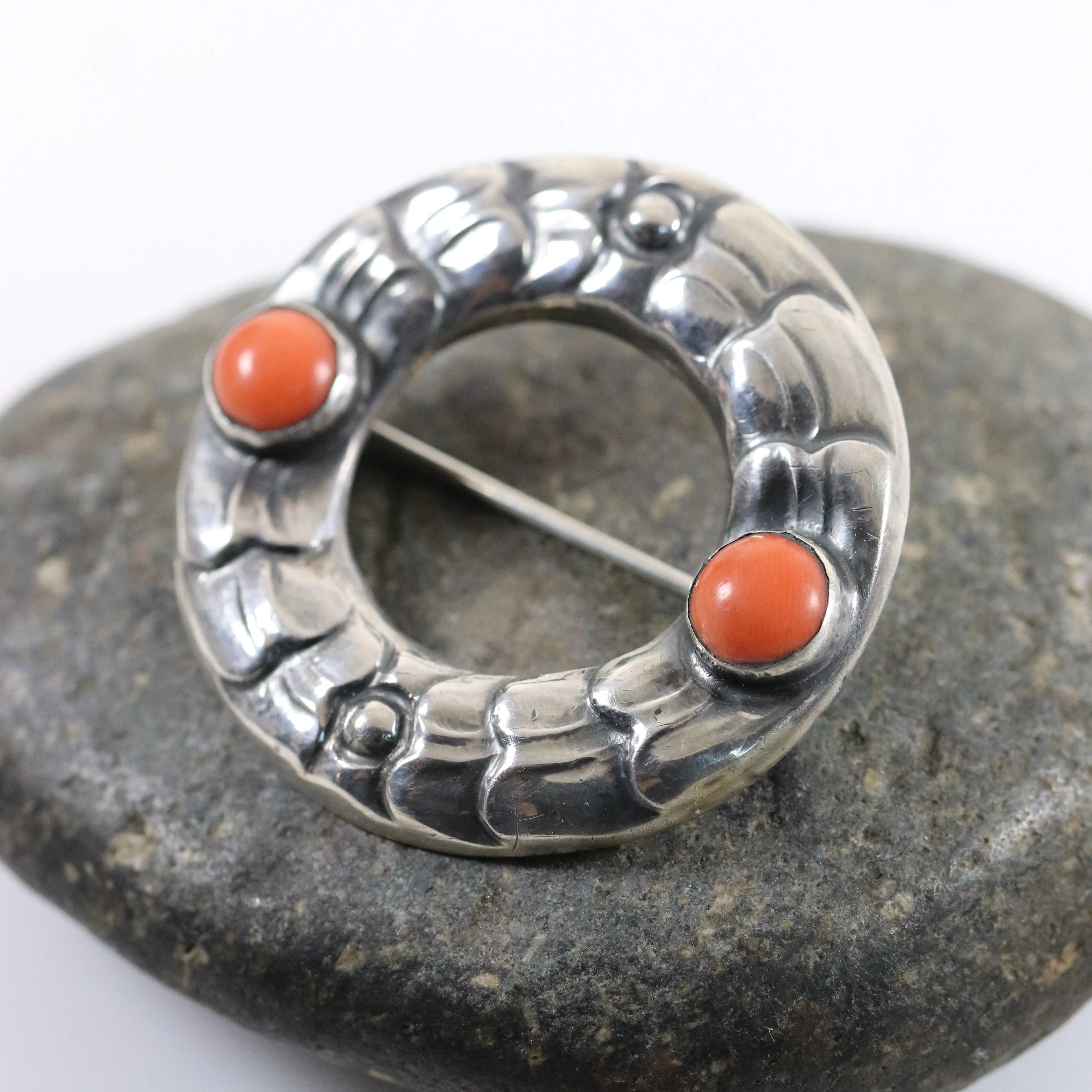 Antique Georg Jensen Jewelry | Early Coral Wreath Art Nouveau Brooch 49