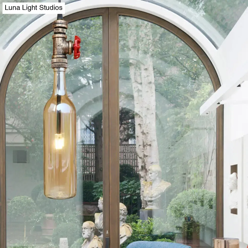 Antique Glass Water Pipe Pendant Light with Bottle Shade and Valve for Restaurant Ceiling Fixture - 1 Light Blue/Amber