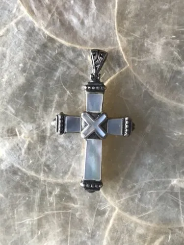 Antique Ornate Mother of Pearl MOP Sterling Silver Cross Pendant