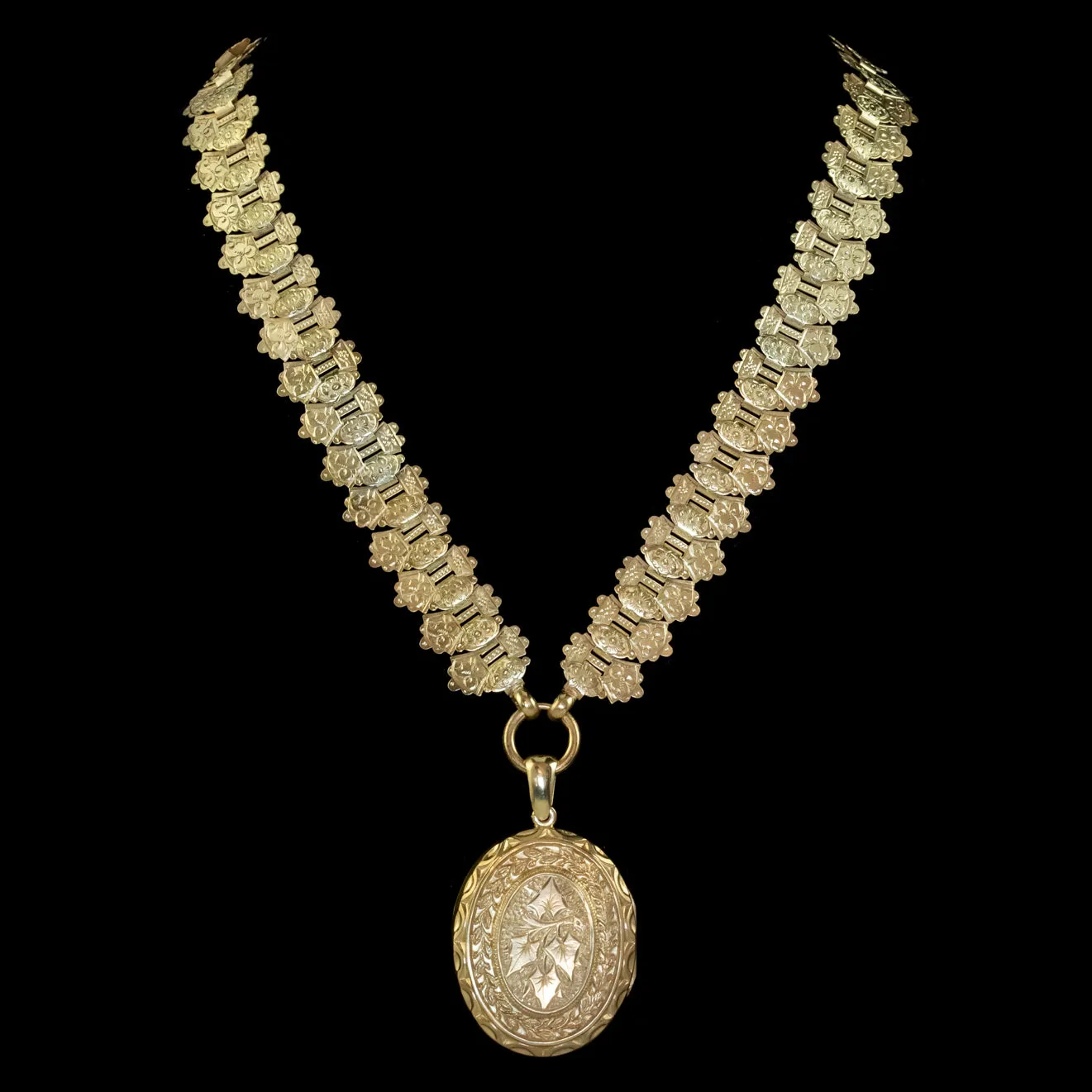 Antique Victorian Ivy Locket Collar Necklace Silver 18ct Gold Gilt Circa 1880