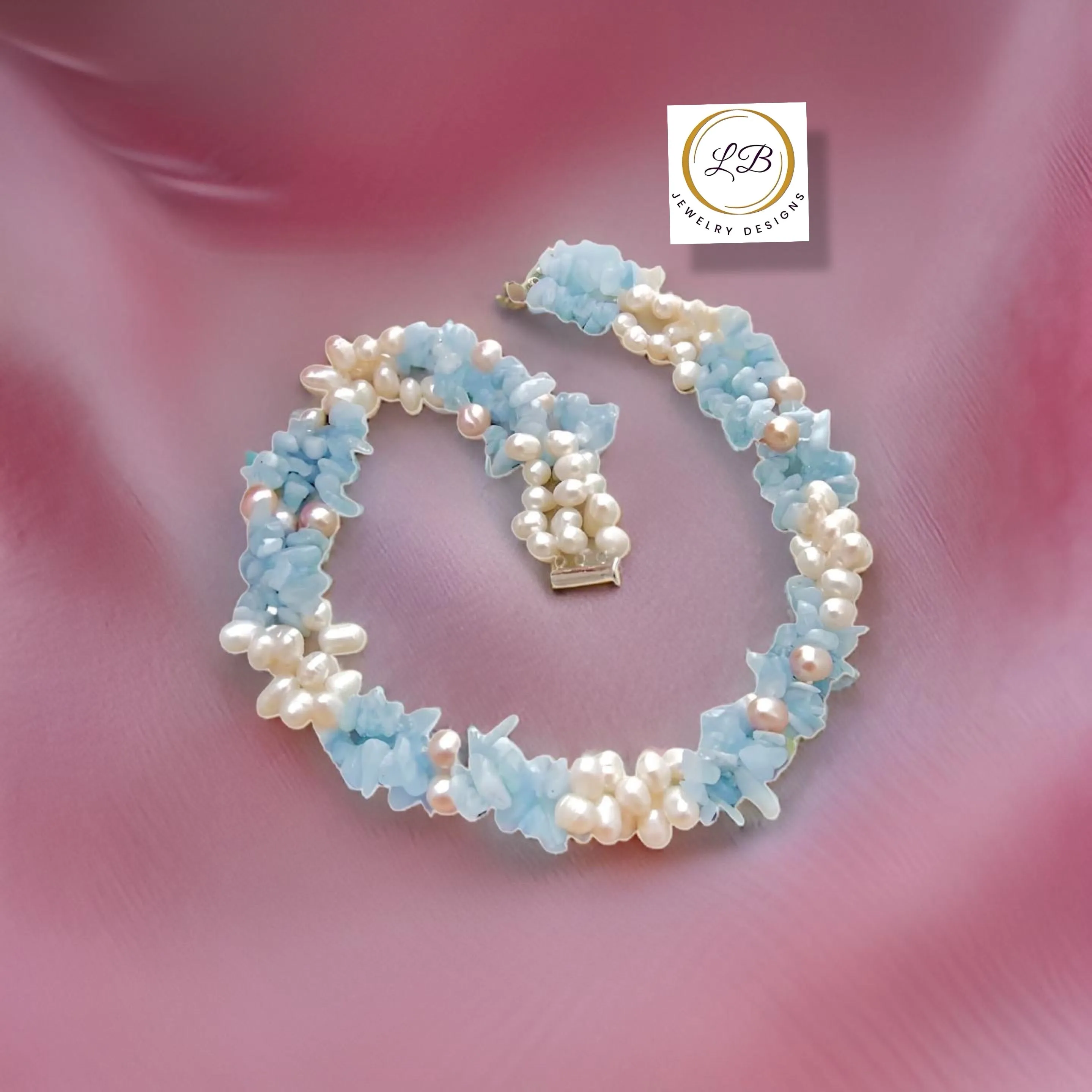 Aquamarine & Pearl Gemstone Triple-Strand Statement Necklace 18“