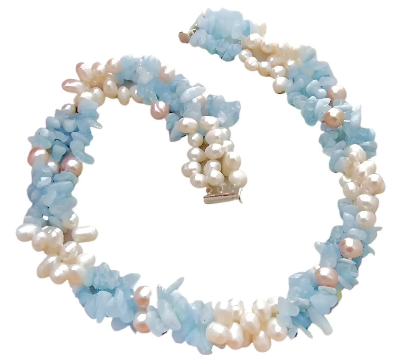 Aquamarine & Pearl Gemstone Triple-Strand Statement Necklace 18“