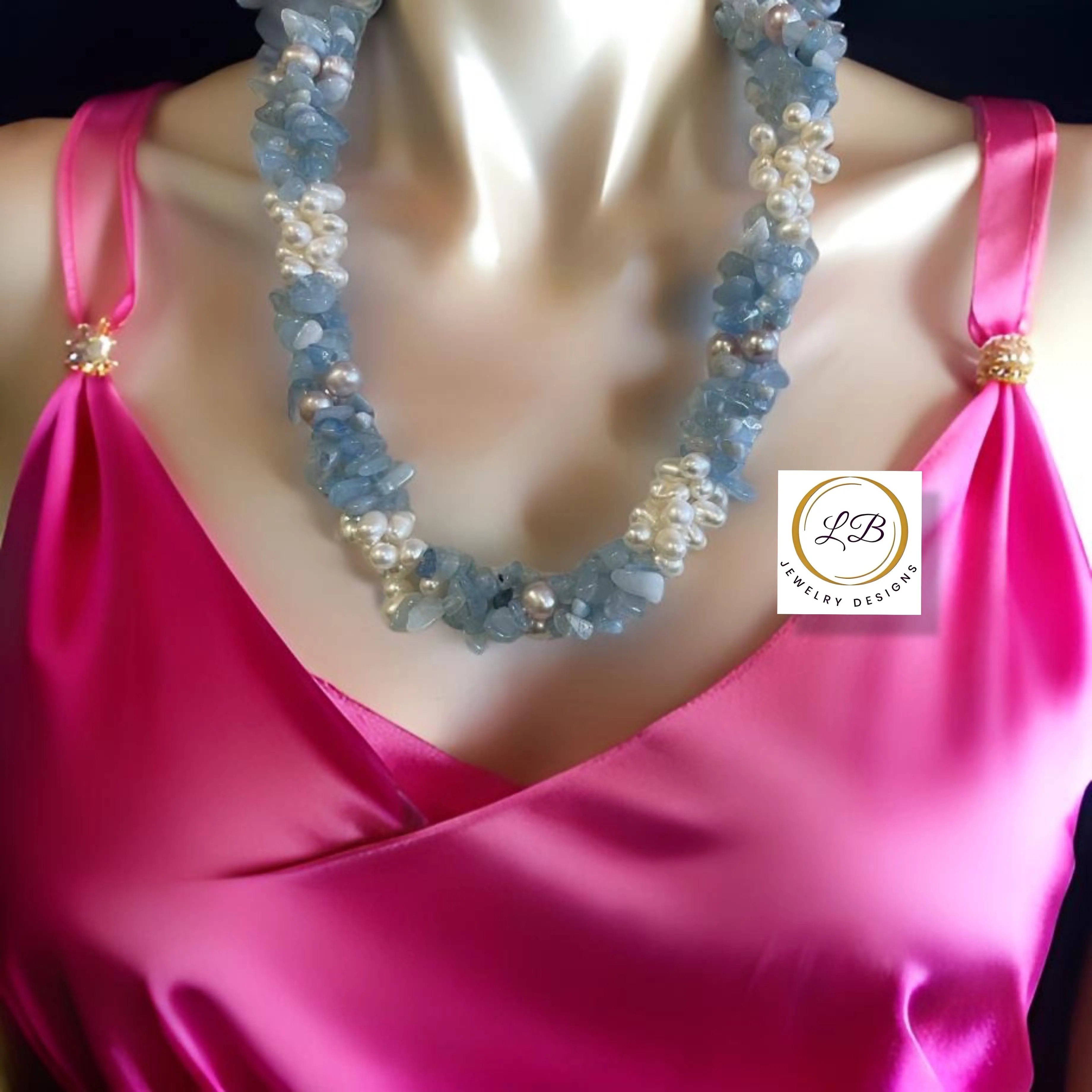 Aquamarine & Pearl Gemstone Triple-Strand Statement Necklace 18“