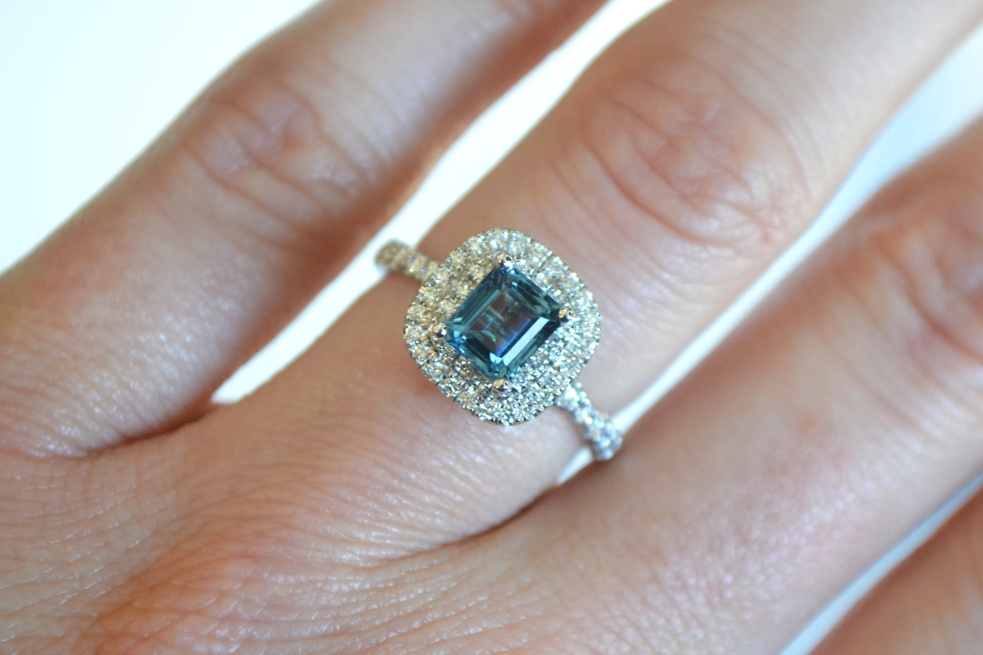 Aquamarine Ring with Double Halo