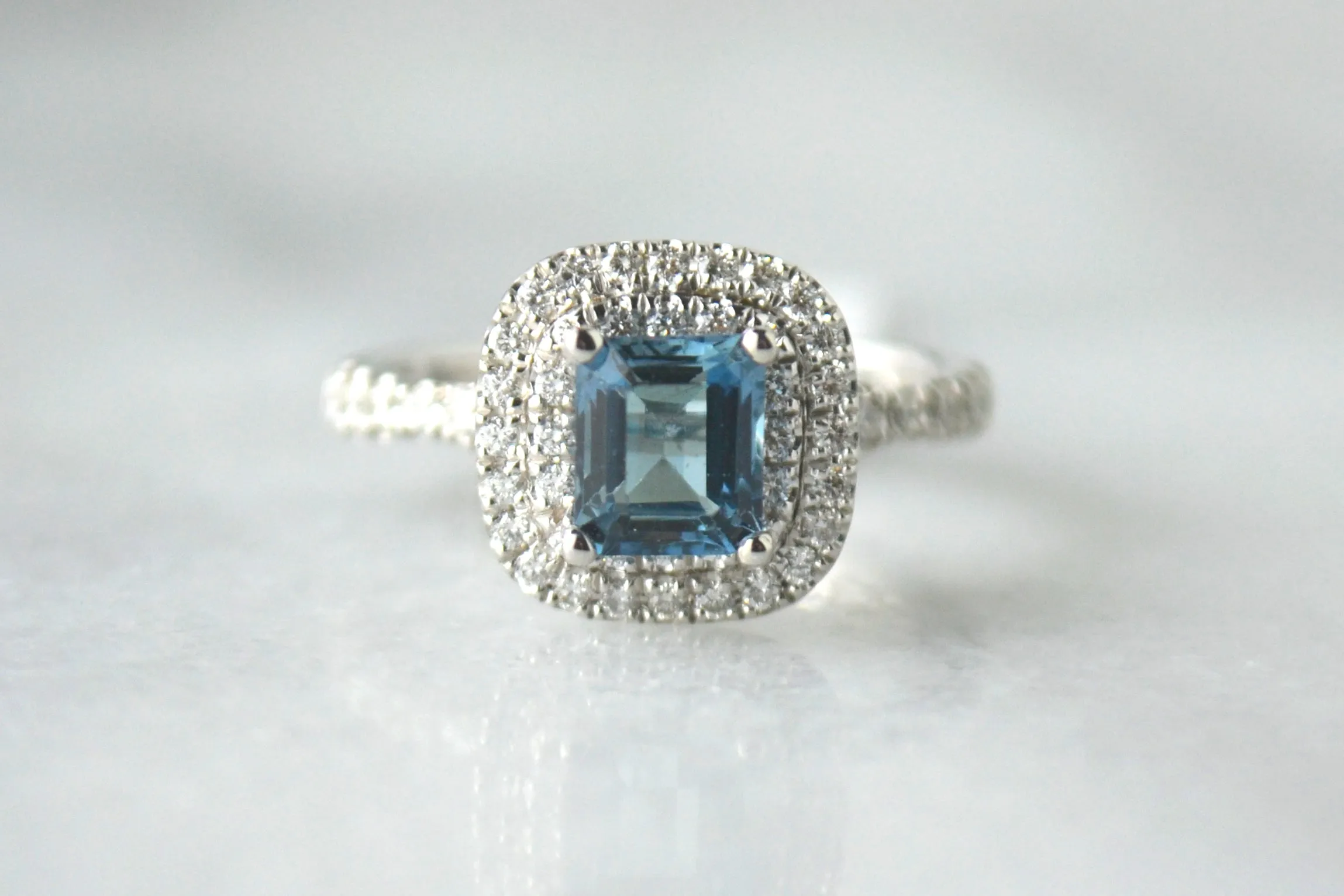 Aquamarine Ring with Double Halo