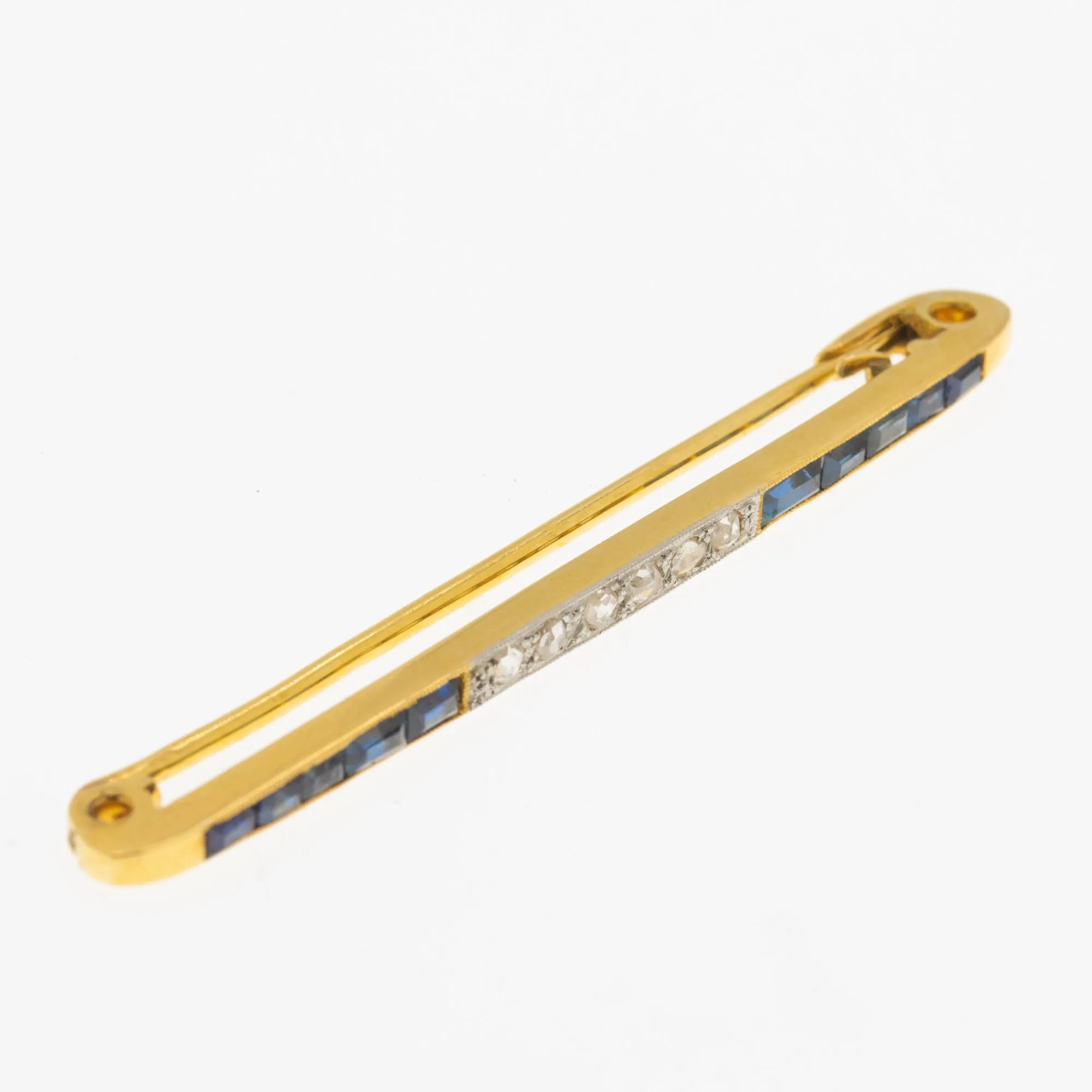 Art Deco French 18ct Gold Sapphire Diamond Bar Brooch