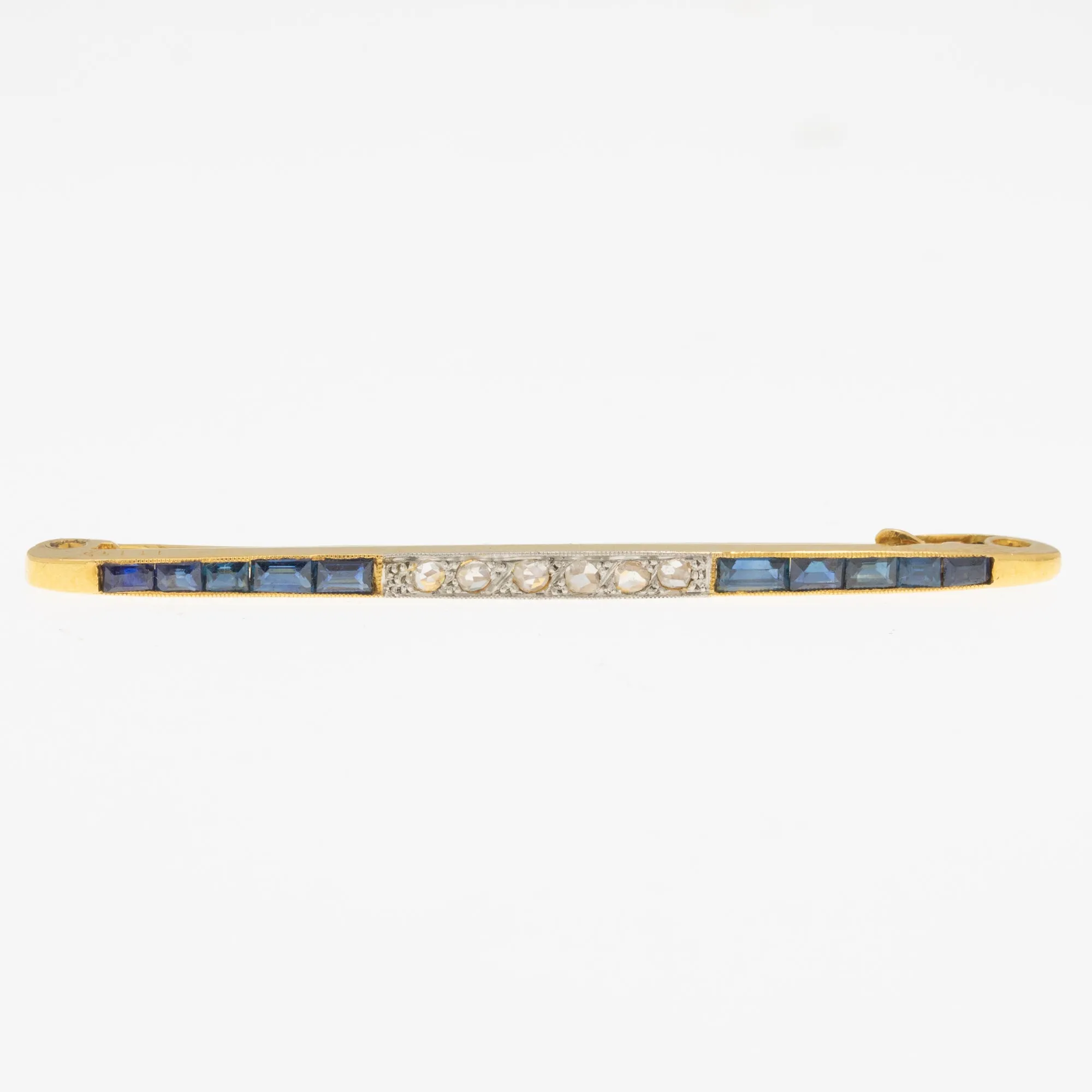 Art Deco French 18ct Gold Sapphire Diamond Bar Brooch