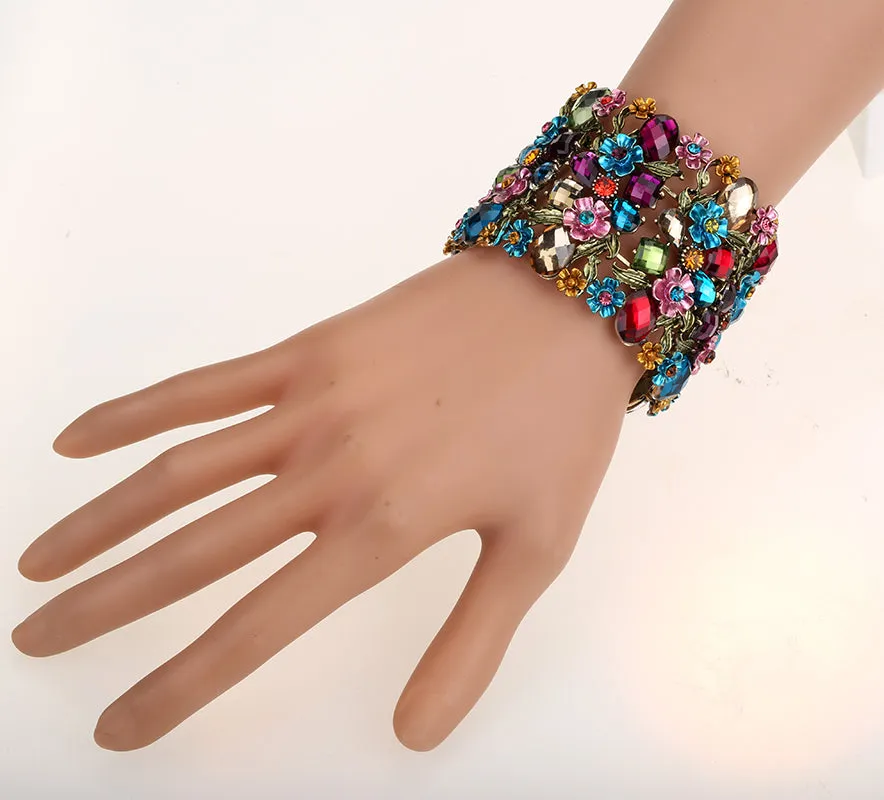 Beautiful Happy Colorful Fashion Flower Stretch Wide Bracelet Women also great for Wedding Bridal Jewelry Gifts 12 colors