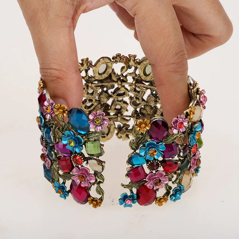 Beautiful Happy Colorful Fashion Flower Stretch Wide Bracelet Women also great for Wedding Bridal Jewelry Gifts 12 colors