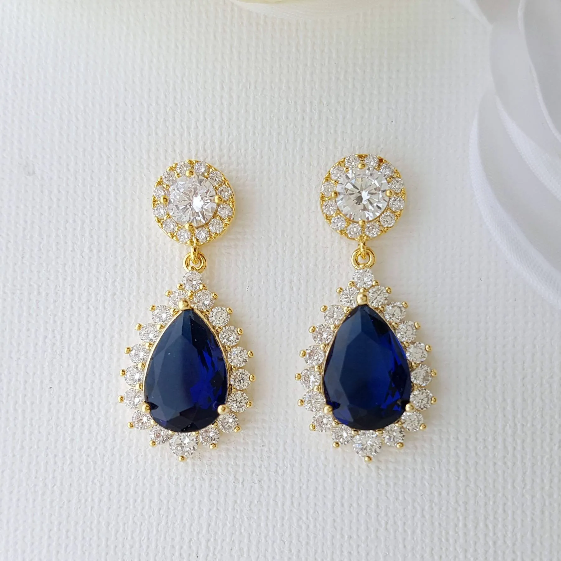 Blue and Gold Teardrop Clip On Earrings for Brides-Aoi