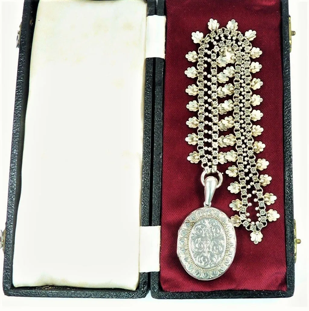 Cased Fully Hallmarked Victorian Sterling Silver Locket With Original 18 Inch Collar Necklace 1866