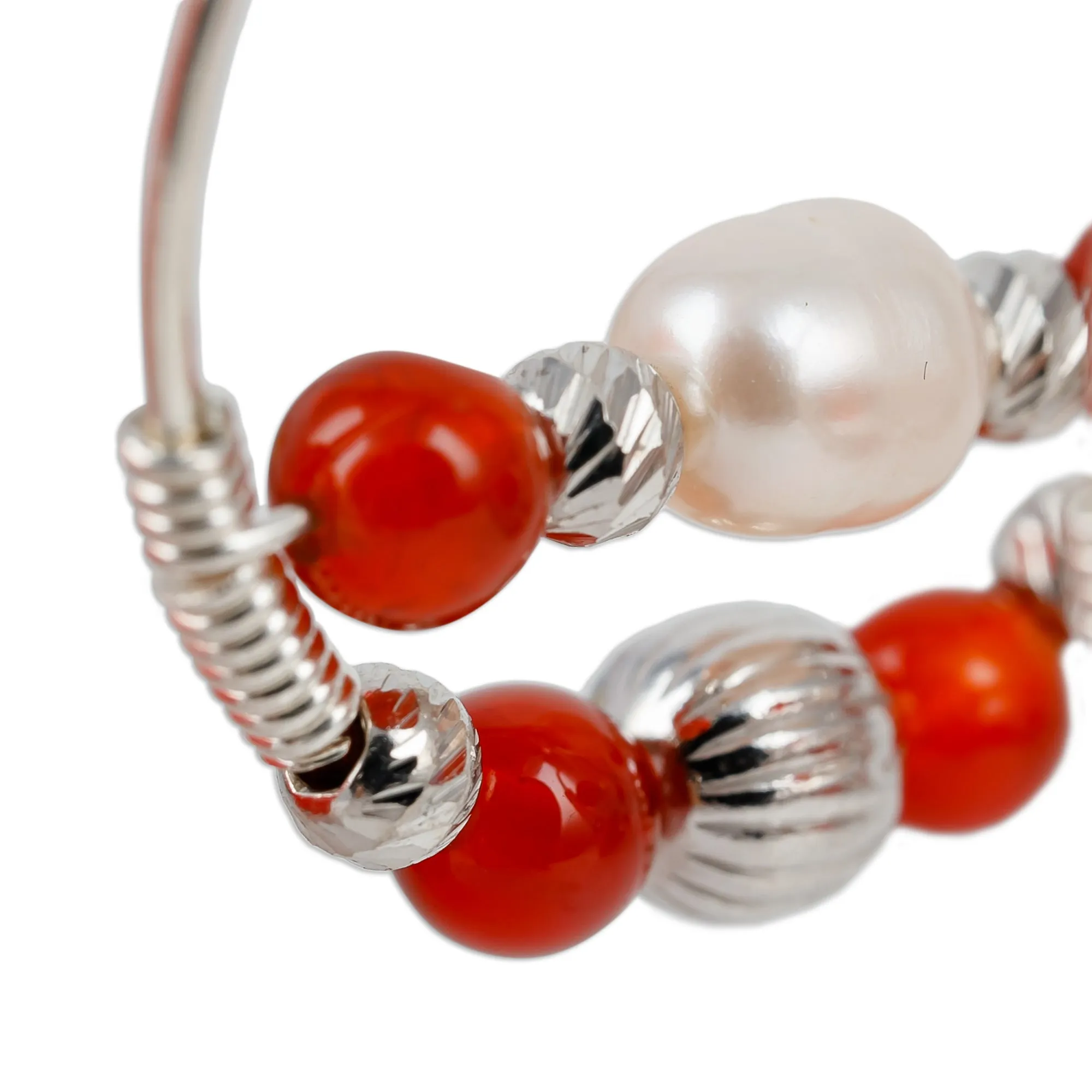 Cultured Pearl and Natural Carnelian Beaded Hoop Earrings - Courageous Me | NOVICA