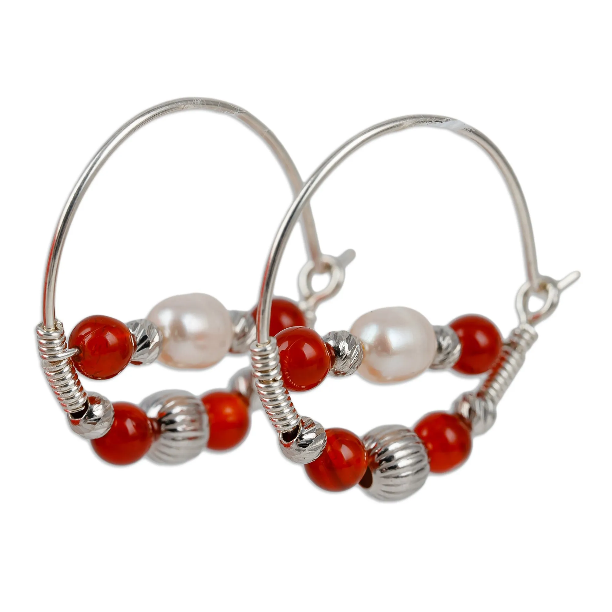 Cultured Pearl and Natural Carnelian Beaded Hoop Earrings - Courageous Me | NOVICA