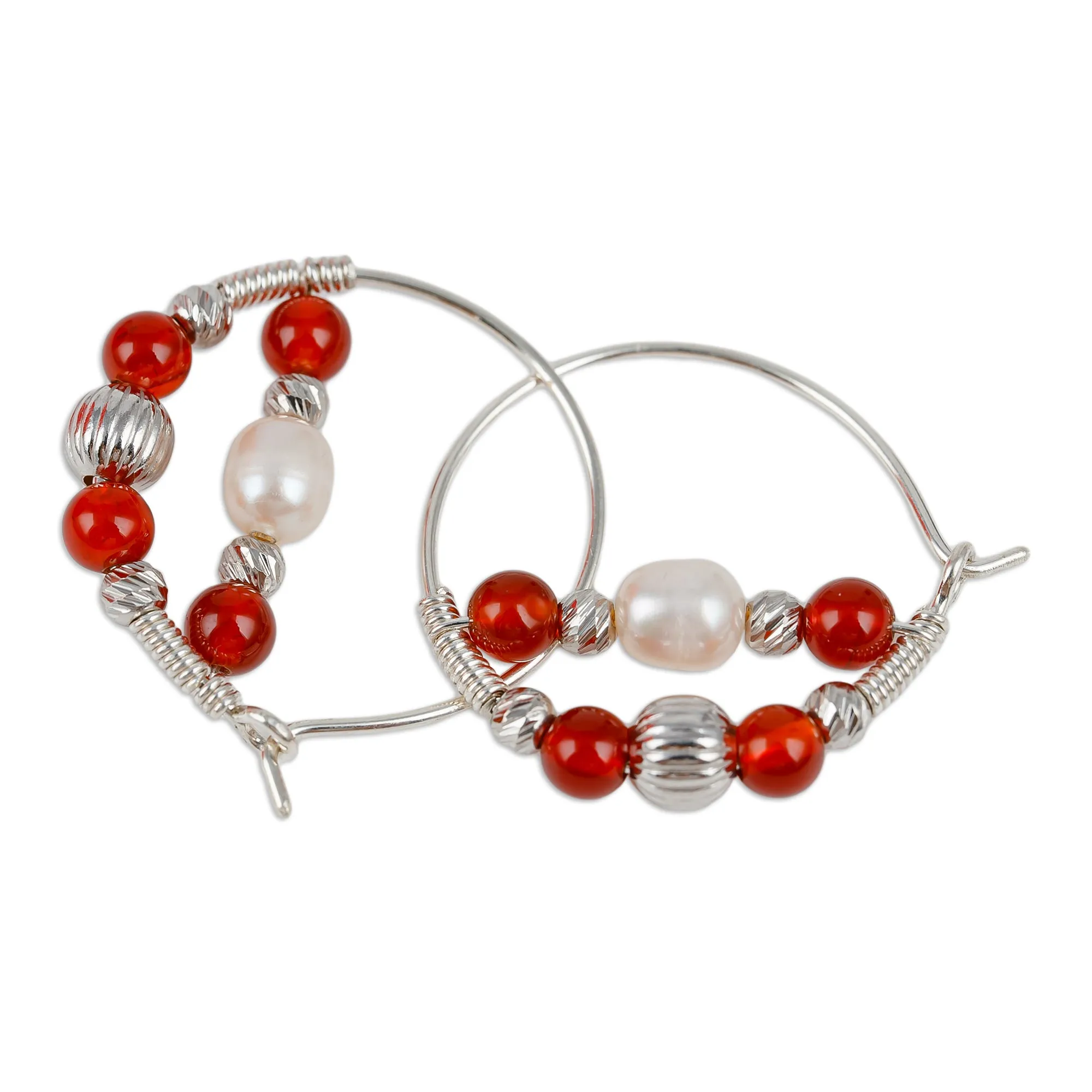 Cultured Pearl and Natural Carnelian Beaded Hoop Earrings - Courageous Me | NOVICA