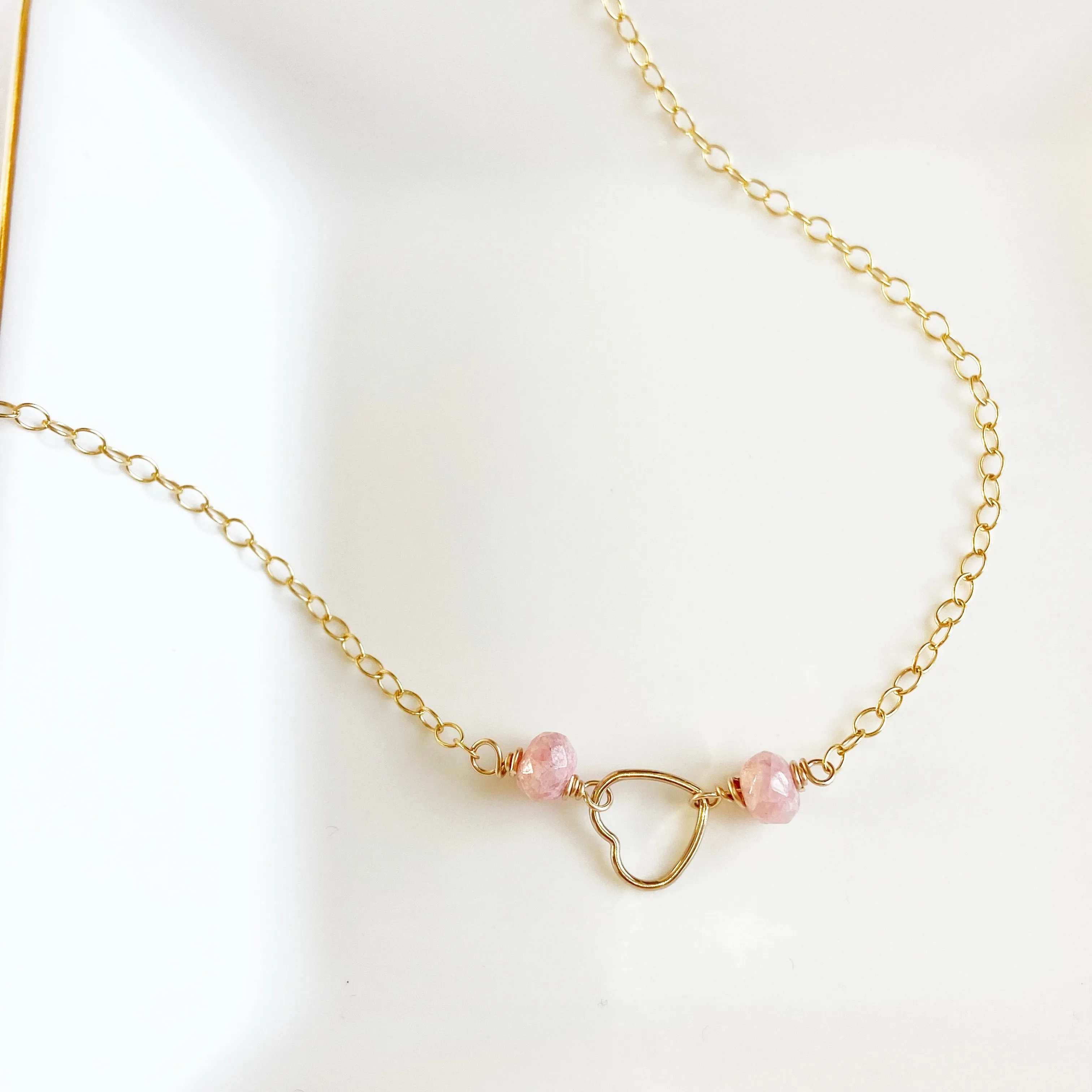 Delicate Pink Rhodochrosite Heart Necklace in Gold or Silver (16.5 inches)