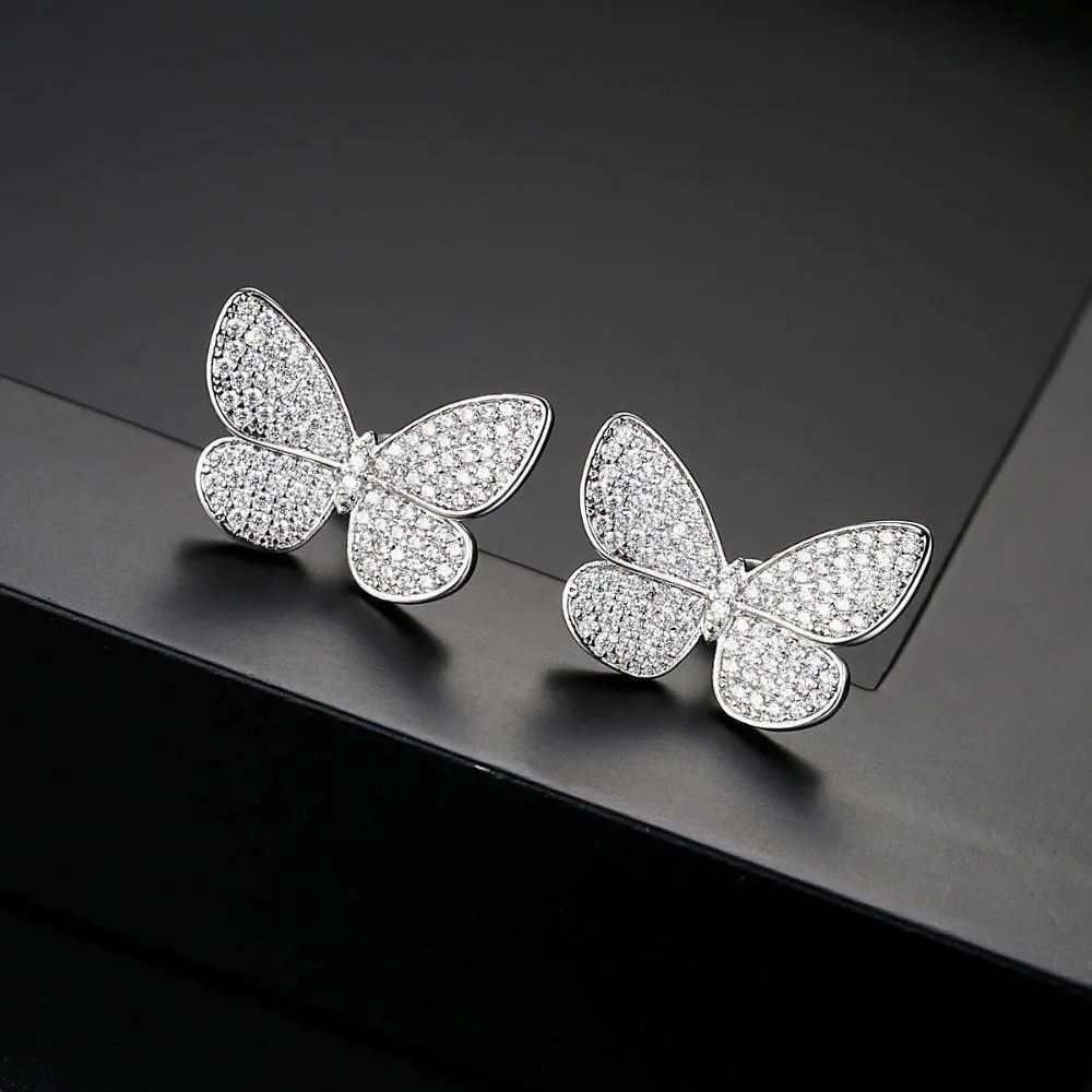 Delicate Stud Earrings Micro Paved Shining Cubic Zirconia Butterfly Silver