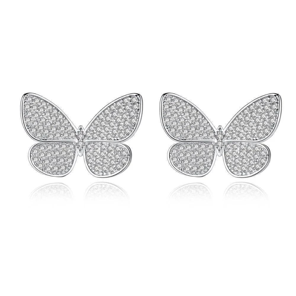 Delicate Stud Earrings Micro Paved Shining Cubic Zirconia Butterfly Silver