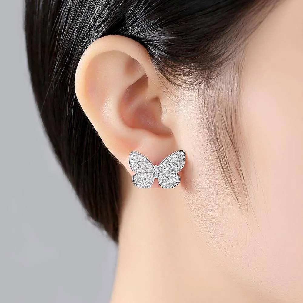 Delicate Stud Earrings Micro Paved Shining Cubic Zirconia Butterfly Silver