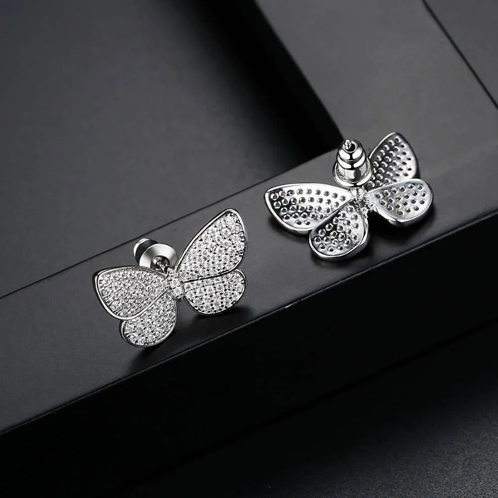 Delicate Stud Earrings Micro Paved Shining Cubic Zirconia Butterfly Silver