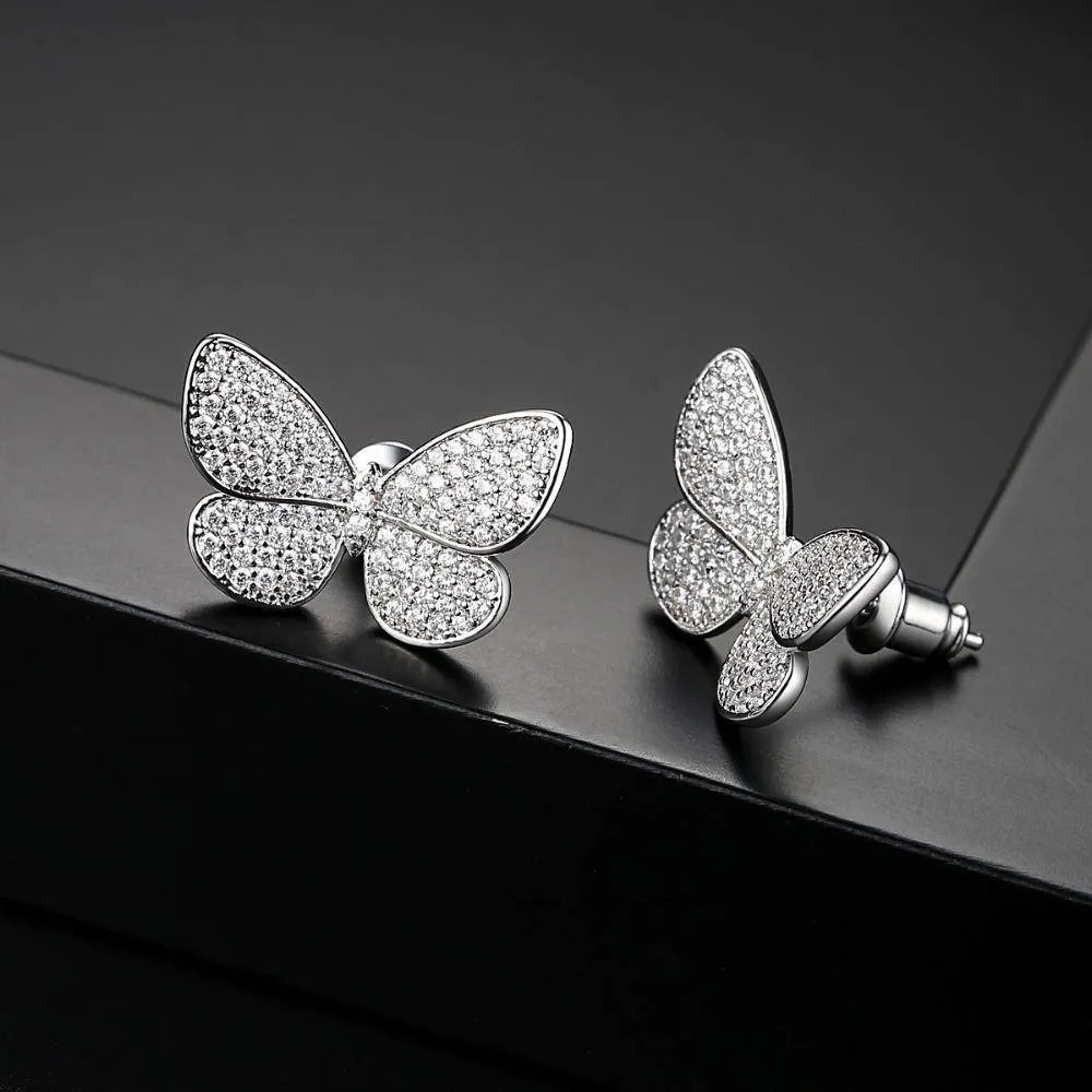 Delicate Stud Earrings Micro Paved Shining Cubic Zirconia Butterfly Silver