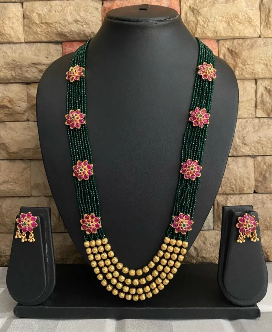 Designer Multi Layered Green Semi Precious Beaded Necklace Set By Gehna Shop