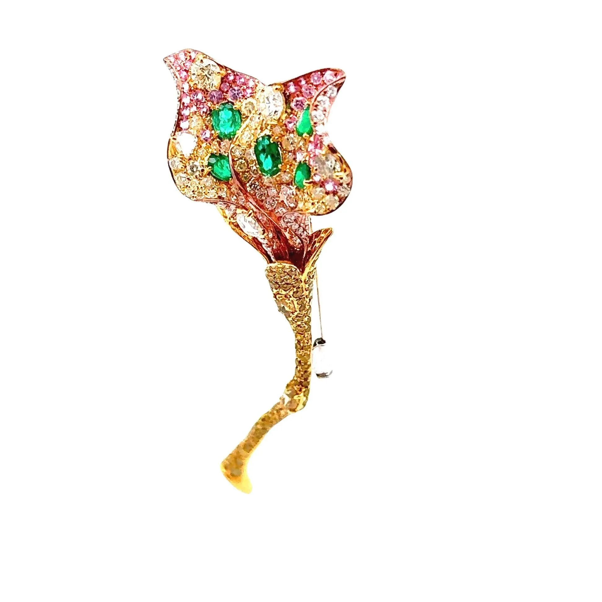 Diamond Emerald Sapphire 18K Yellow Gold Flower Brooch