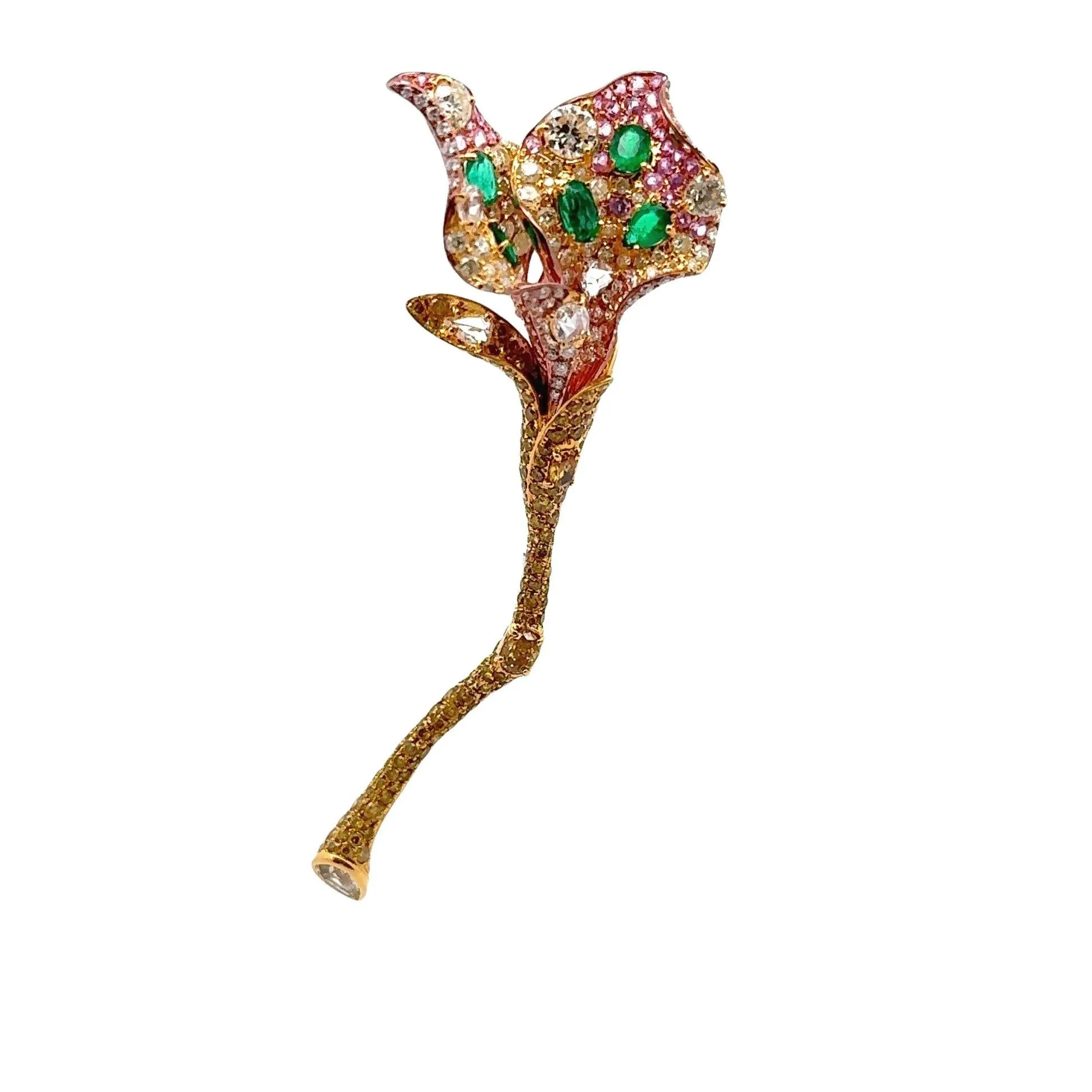 Diamond Emerald Sapphire 18K Yellow Gold Flower Brooch