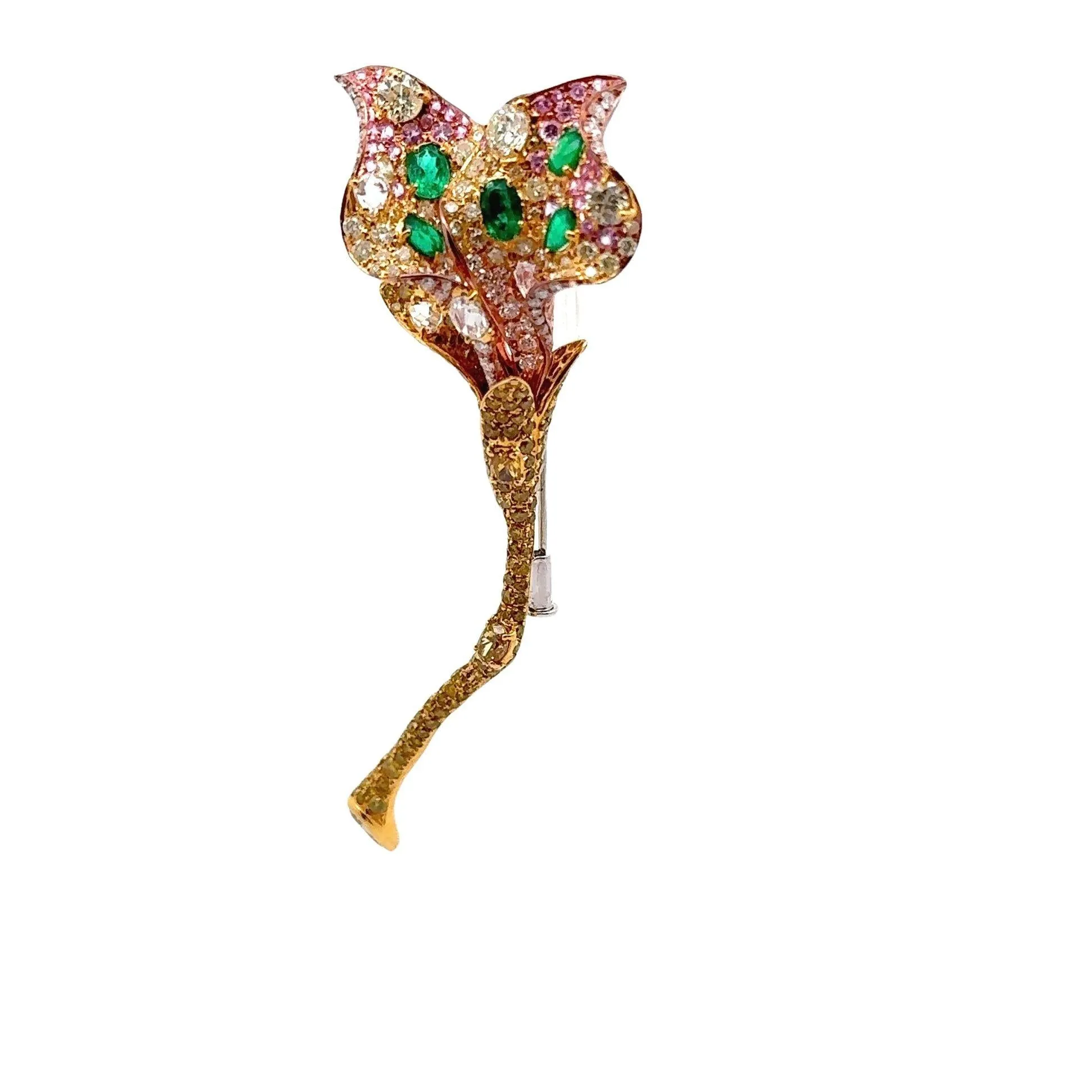 Diamond Emerald Sapphire 18K Yellow Gold Flower Brooch