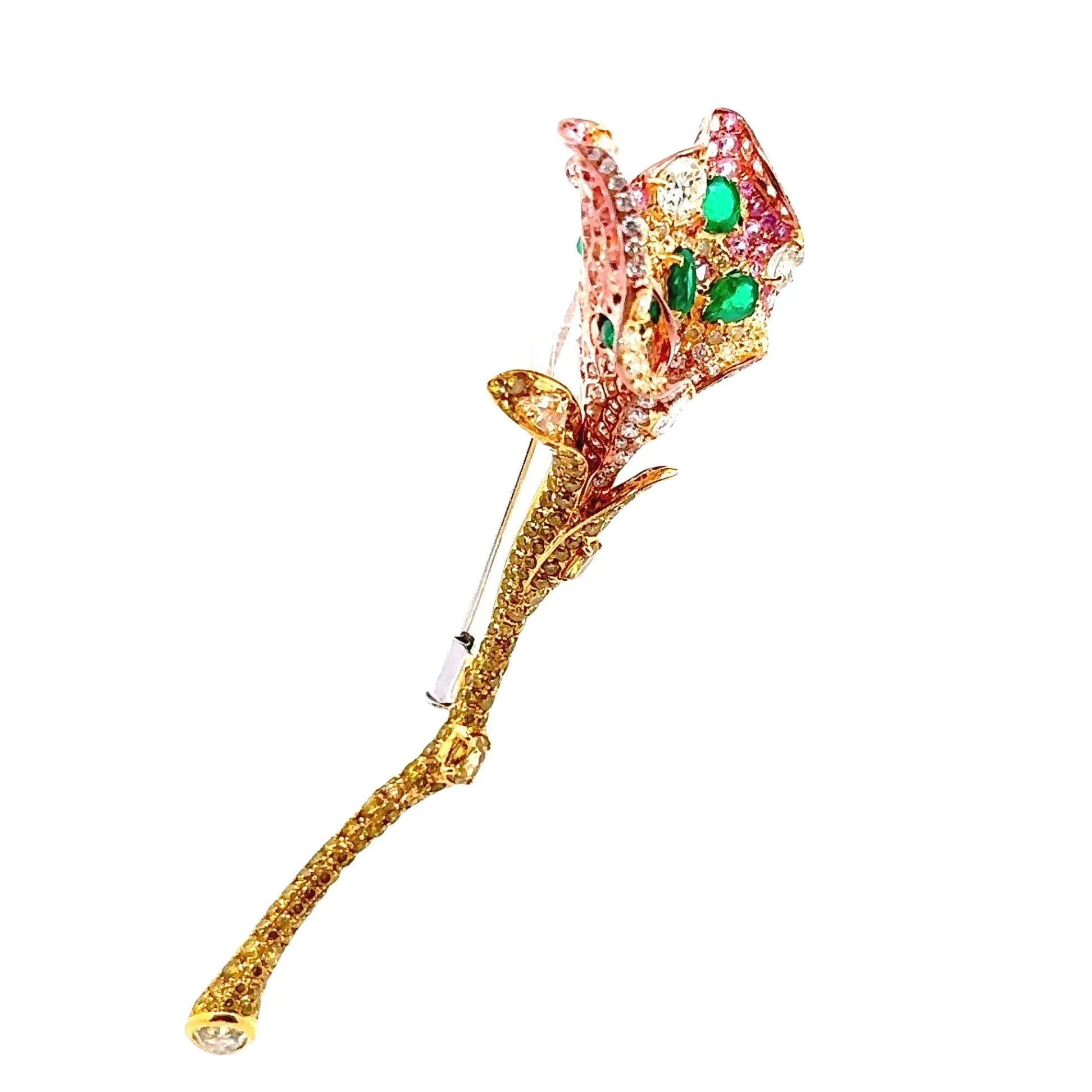 Diamond Emerald Sapphire 18K Yellow Gold Flower Brooch