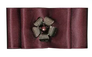 Double Bow Brooch - Burgundy Satin with Metal Flower Button