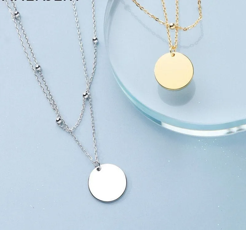 Double Layer Round Disc Silver Chain Necklace | Delicate necklace | 925 Sterling Silver Chain Necklace | Choker with Balls | Gold Bead Chain